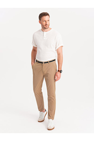 OMBRE Ανδρικό παντελόνι chino με διακοσμητική ζώνη - άμμος V5 OM-PACP-0118 XL