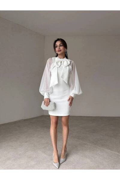 BEAUTY FASHİON Kadın Abiye Büyük Fiyonk Detay Balon Tül Kol Bisiklet Yaka Midi Elbise - Abiye & Mezunyet Elbisesi