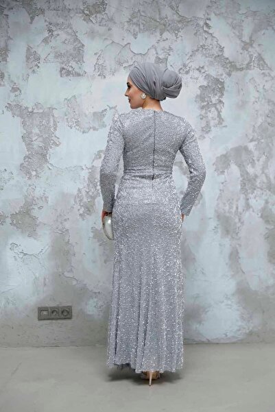 Neva Style Beading Embroidered Grey Hijab Evening Dress 50341Gr