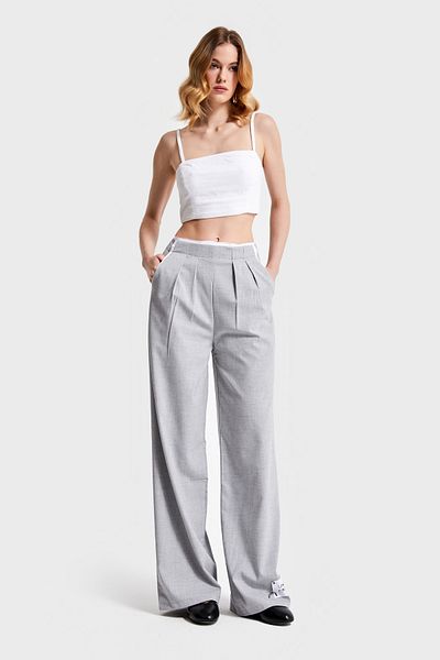 its basic Women's Gray Color Palazzo Fit Relaxed Cut Design Fabric Pants