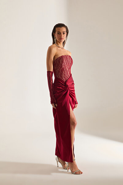 BETTY & SAM Melissa Dantel Saten Straplez Koyu Kırmızı Gece Elbisesi