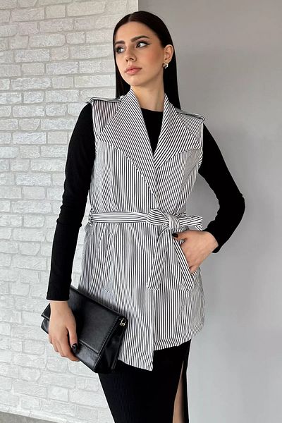 GÜLSELİ Λευκό γυναικείο ριγέ γιλέκο με ζώνη μέσης με επιτραπέζια ετοιμασία