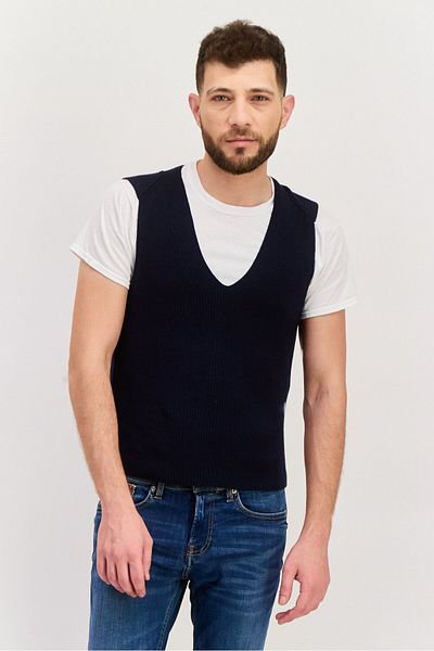 Esprit Men V-neck Sleeveless Knitted Sweater Vest, Navy Blue