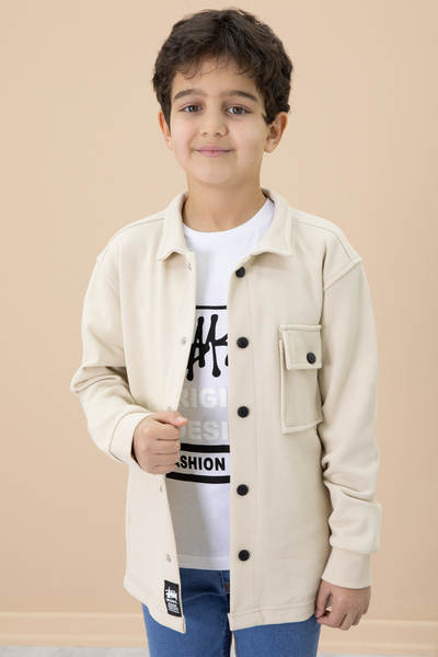 Cansın Mini Krem Yazı Baskılı Tişörtlü Gömlekli Erkek Çocuk Takım 20007