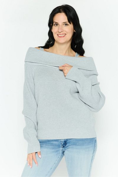 Dkny Women Turndown Collar Knitted Print Long Sleeves Sweater, Grey