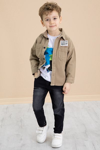 Cansın Mini Coffee Crested Jeans Shirt Trousers Boy's 3 Piece Suit 20025