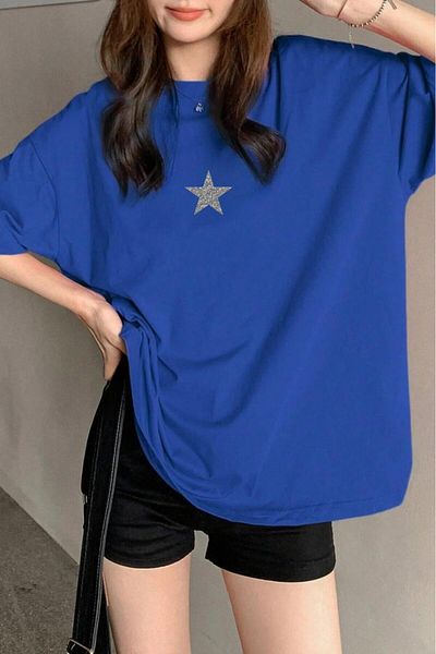 NO 601 Γυναικείο μπλουζάκι Saks Blue Oversize Silver Glitter Star με στάμπα με φαρδιά εφαρμογή