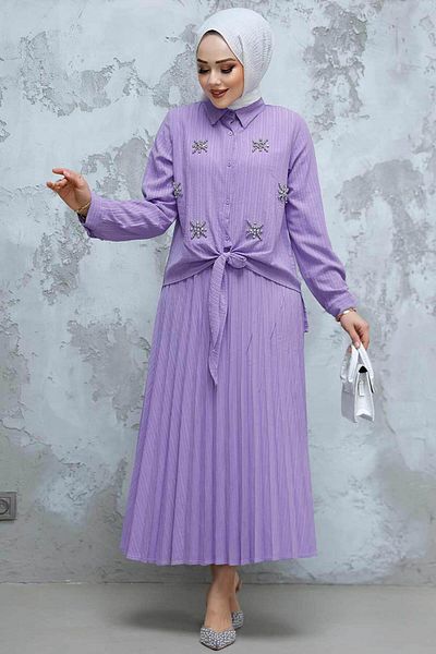 Neva Style Set din două piese cu fustă hijab liliac și detaliu cu margele - 60062LILA