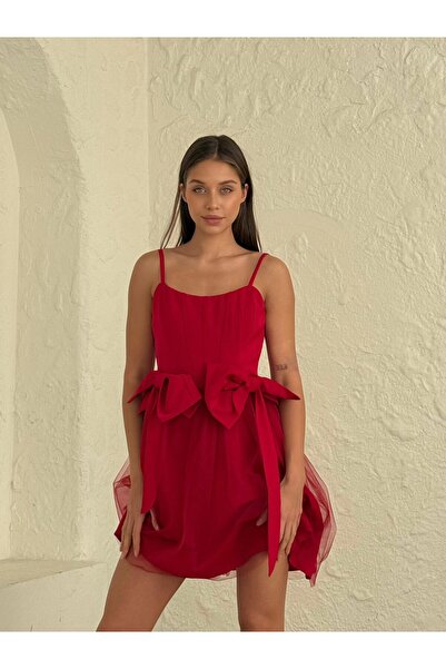 BEAUTY FASHİON Kadın Abiye Tül Etekli Beli Çift Fiyonk Kurdelalı İnce Askılı ...