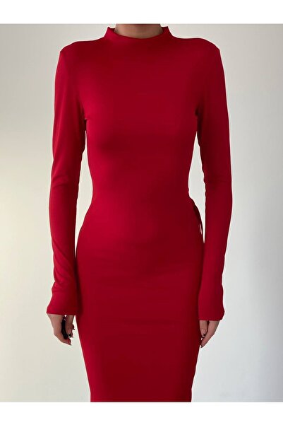 bayansepeti Kırmızı Sandy Kumaş Sırt Dekolte Bağlama ve Yırtmaç Detaylı Midi Abiye Elbise 327