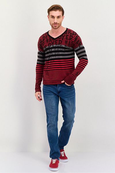 Ed Hardy Men V-neck Striped Long Sleeves Sweater, Red