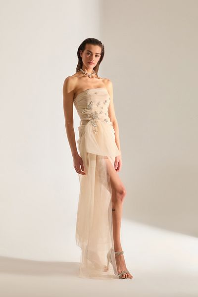 BETTY & SAM Olivia Stone Embroidered Ecru Tulle Dress