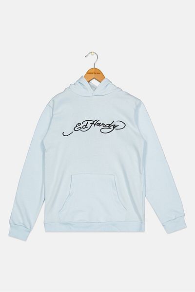Ed Hardy Kids Boy Hooded Embroidered Logo Long Sleeves Sweatshirt, Light Blue