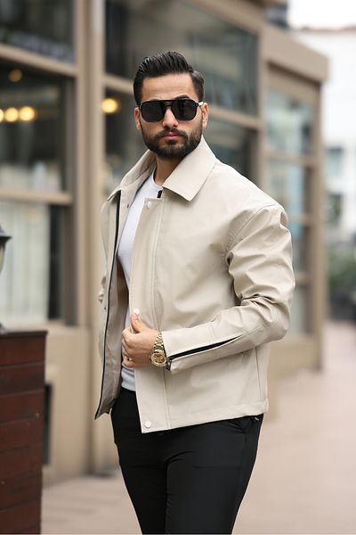 gm giyimarket Ανδρικό δερμάτινο μπουφάν Oversize Vintage Stone Color