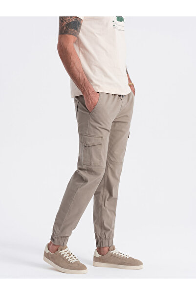 OMBRE Ανδρικό παντελόνι JOGGER με τσέπες cargo με φερμουάρ - μπεζ V2 OM-PAJO-0123 S