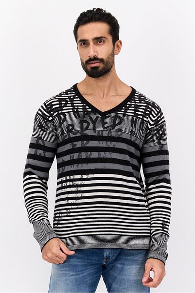 Ed Hardy Men V-neck Striped Long Sleeves Sweater, Black