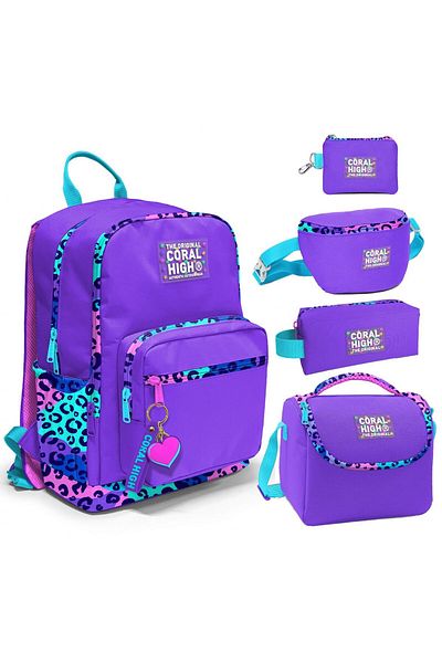 Coral High Set de genți pentru școală primară/liceu pentru fete, cu model de leopard violet