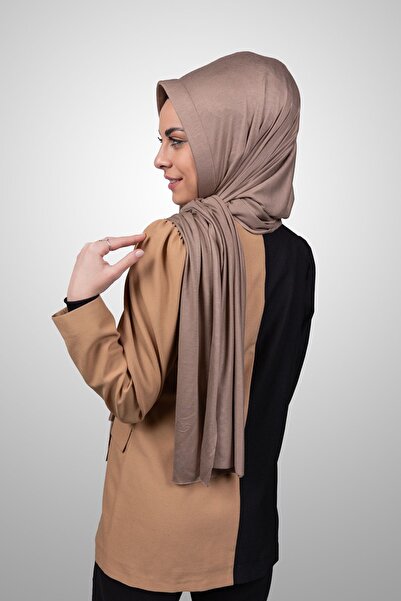 Şalcenneti.com Kadın Tesettür Pratik Penye Şal Önü Süngerli Hazır Geçmeli Vizon Rengi Eşarp