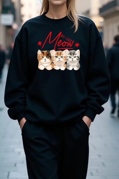 Wish BF بدلة رياضية مطبوعة على شكل قطط للنساء - سويت شيرت وبنطلون بأكمام طويل...