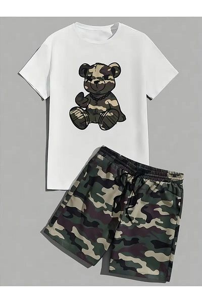 aynewmoda Soldier Bear Printed Shorts Set