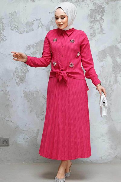 Neva Style طقم مكون من قطعتين مع تنورة حجاب فوشيا بتفاصيل من الخرز 60062F