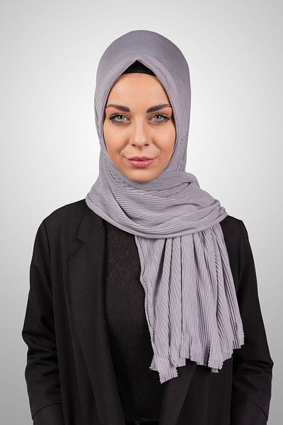 Şalcenneti.com Organic Gray Color Practical Pleated Shawl - Ready Plug-In Sponge Model