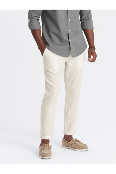 OMBRE Ανδρικό λινό παντελόνι chino roll-up - κρεμ V2 OM-PACP-0198 S