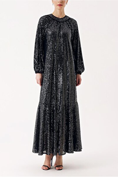 SOCIETA Siyah Büzgü detaylı balon kollu payetli elbise 94468