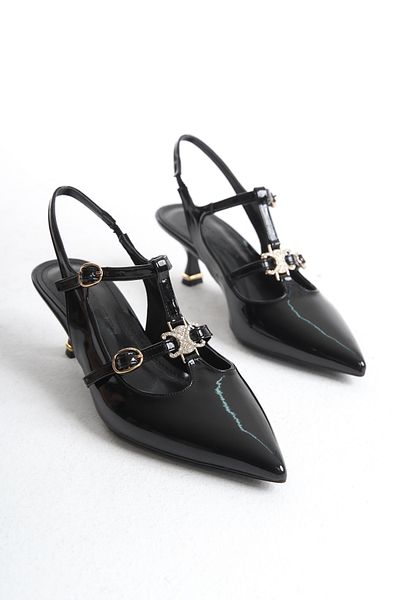 MARSEDO Stiletto de damă negru - pantofi casual cu toc mic, cu spate deschis, cu cataramă, Luna