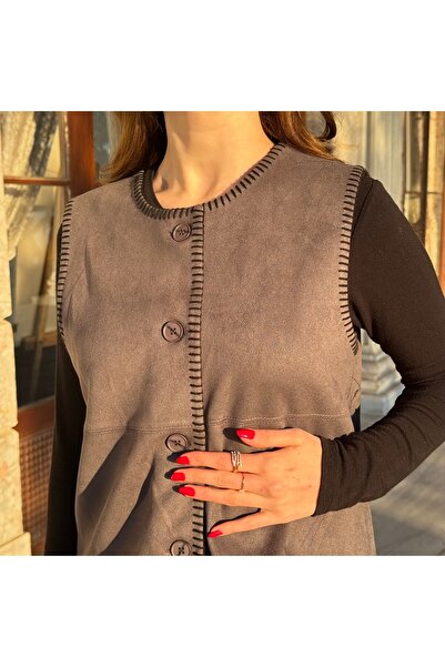 Byelmira Women's Shepherd Stitched Suede Vest Gray