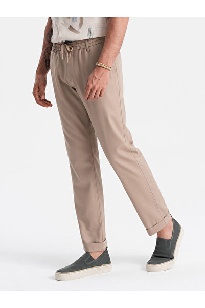 OMBRE Ανδρικό λινό παντελόνι σε ρολό chino - ανοιχτό καφέ V3 OM-PACP-0198 XXL