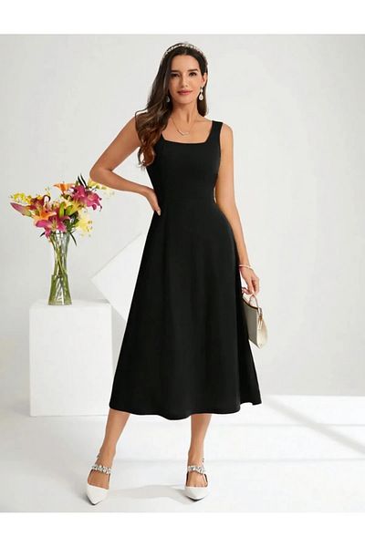 Kokosh moda Square Neck Thick Strap Design Midi Length Dress