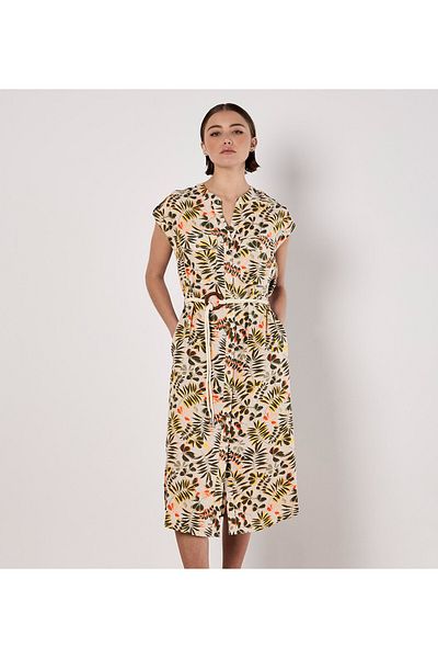 Apricot Midi-hemdkleid Mit Gürtel Und Blätterdruck