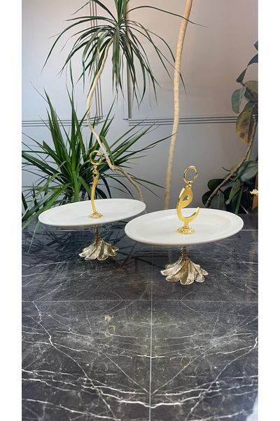 MAY HOME 2-Piece Porcelain Gold Metal Standing Presentation Plate