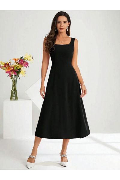 Kokosh moda Square Neck Thick Strap Design Midi Length Dress