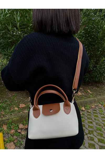 bag Geantă de mână și de umăr din piele artificială pentru femei, bronzat crem, cu mâner dublu și curea reglabilă