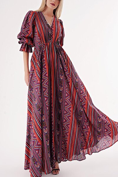 SOCIETA Desenli Dantel detaylı belden oturan uzun elbise 94419