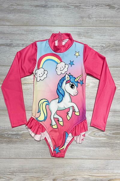 My Kids Wear Long Sleeve Character Printed Ruffle Detailed Swimsuit