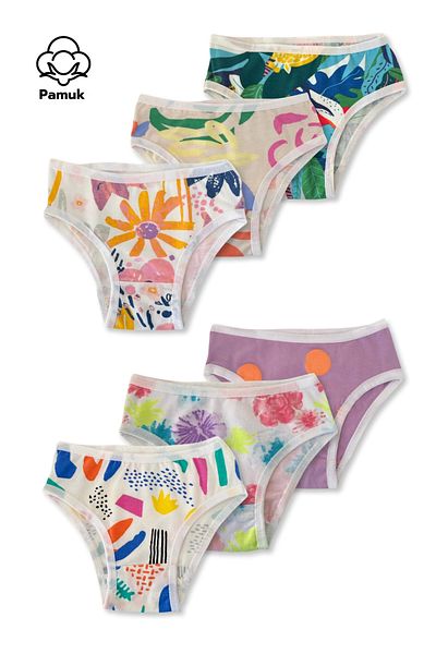 MK Mukko Kids Set de chiloți din bumbac pentru fete, 6 piese, design colorat și cu modele
