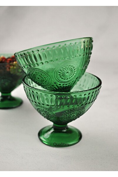 Qualitev 3 Adet Yeşil Cam Çerezlik Dondurma Tabağı Sunum Magnolia Kasesi