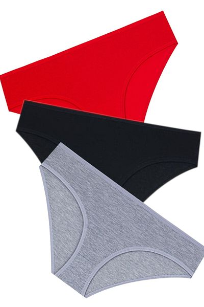 Gizli Butik Set de 3 chiloți pentru femei - bumbac, Lycra, culoare uni, roșu negru gri