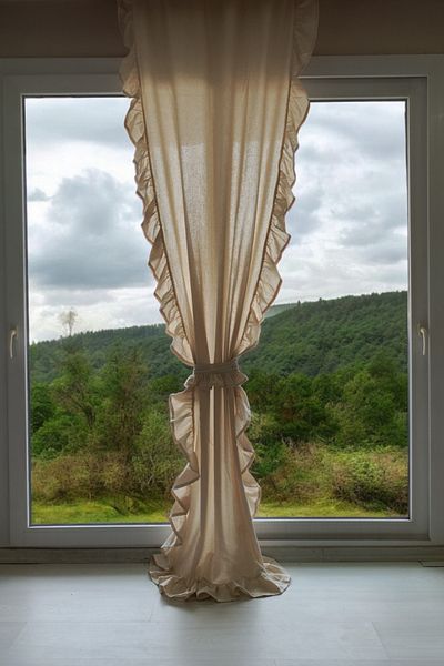 MZN Home 3 Edge Ruffled Plain Beige Vintage Linen Curtain (En X Boy) - Single Sash - with Lacing Gift - No Pleats