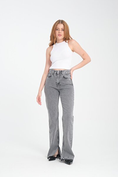 Store %100 Pamuk, Yüksek Bel, Geniş Paça Yırtmaç Detaylı Kadın Kot Pantolon