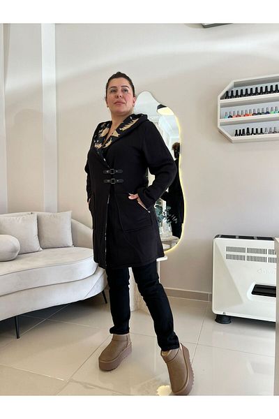 MJORA Μαύρο πλεκτό μπουφάν με κουκούλα 3 κλωστών