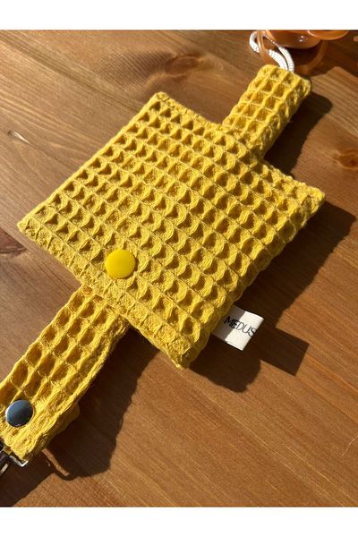 Medusa Kids Yellow Pacifier Strap - Waffle with Chain and Case for Baby Boys and Girls