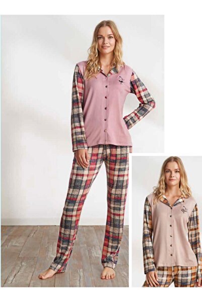 İpek Γυναικείο Σετ Θερμικής Πιτζάμα με Μακρυμάνικο Μπλουζάκι με Κουμπιά Μπροστά-Σκούρο Ροζ