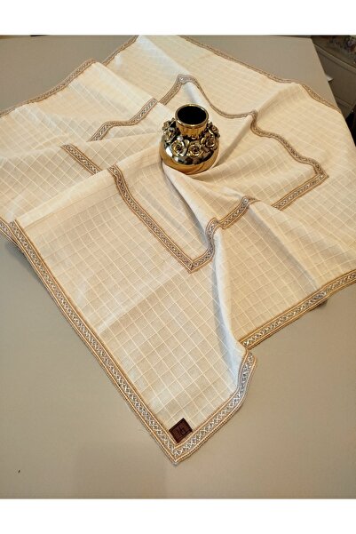 denizli hatırası %100 Pamuk Buldan Monica Keten Kumaş Ortası Kareli Jüt Aksesuarlı Bohem Masa Örtüsü