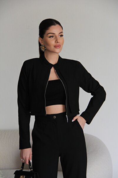 Julidress Siyah Vatkalı Fermuarlı Crop Ceket Ve Pantolon Alt Üst Premium Takım Elbise