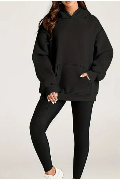 Elvino Plus Size Black Plain Oversize Unisex Hooded Sweatshirt