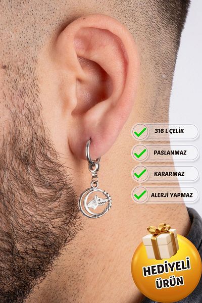 Piercing Market Steel & Silver Men's Steel Ring Dangle Earrings Rust No Darkening